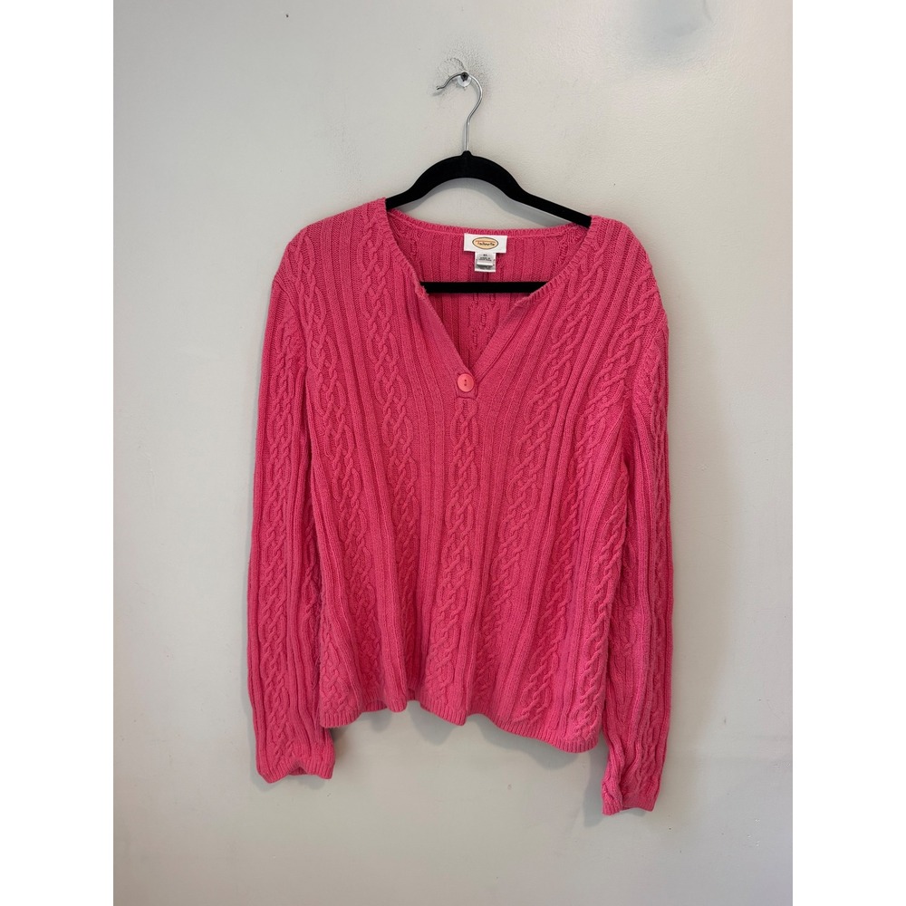 Talbots Womens XL Pink Cable Knit V-Neck Single Button Long Sleeve Sweater